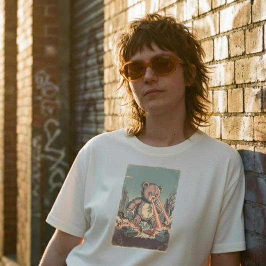 Model in urban setting wearing a cream-colored 'Mega Ted-Zilla' t-shirt. The graphic features a giant teddy bear kaiju attacking a city in a 1950s distressed pulp comic book style with halftone dots.
