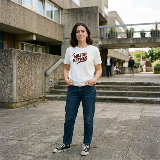 Graphic t-shirt featuring retro sports-style Milton Keynes text logo on a black background.