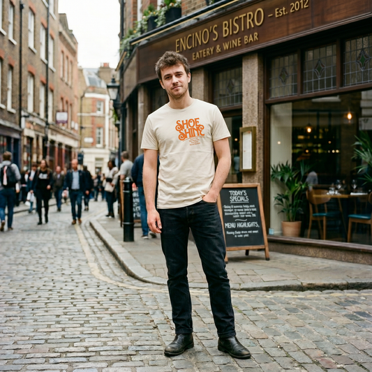 Retro orange typography on an organic t-shirt reading Shoe Shine and a funny British insult.
