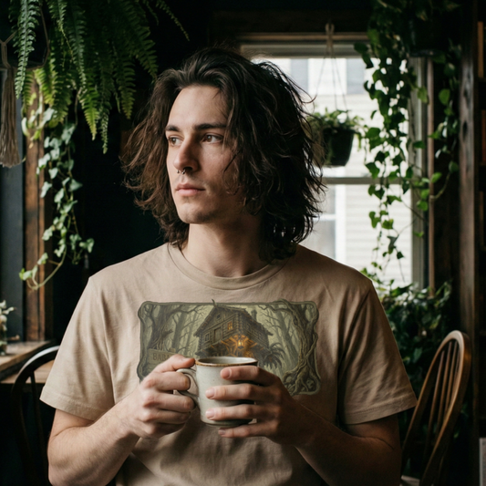 Man holding coffee cup wearing vintage style Baba Yaga Hut on Chicken Legs t-shirt in beige.