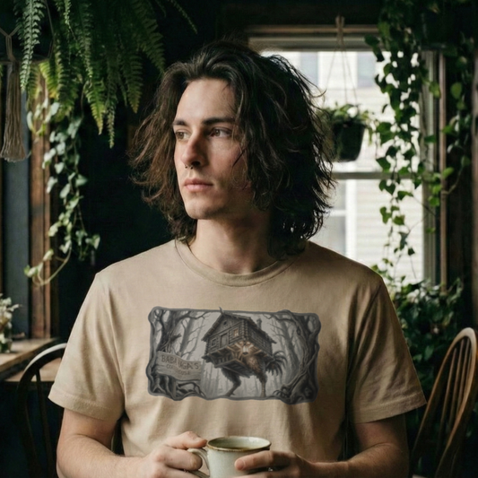Model in cafe wearing sand-colored Baba Yaga Coffeehouse streetwear t-shirt. Graphic features a dark cottagecore, oil-painting style illustration of Baba Yaga's hut on chicken legs.