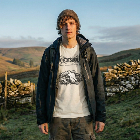 Model in a rural landscape wearing a cream-colored 'The Cotswolds' t-shirt. The graphic features a black metal-style logo with a ram skull and brambles in a gritty, woodcut zine aesthetic.