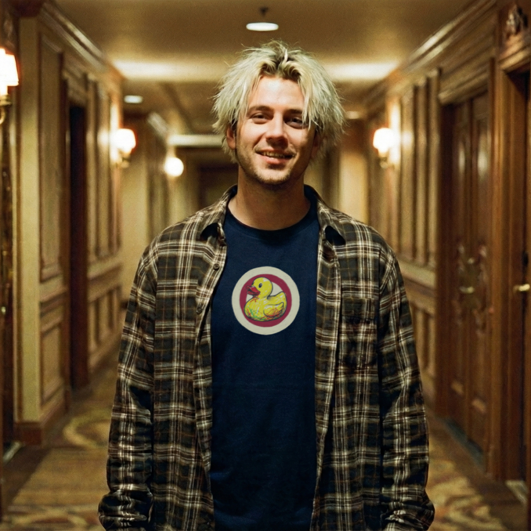 Scribble art yellow rubber duck with red target graphic on organic cotton t-shirt.