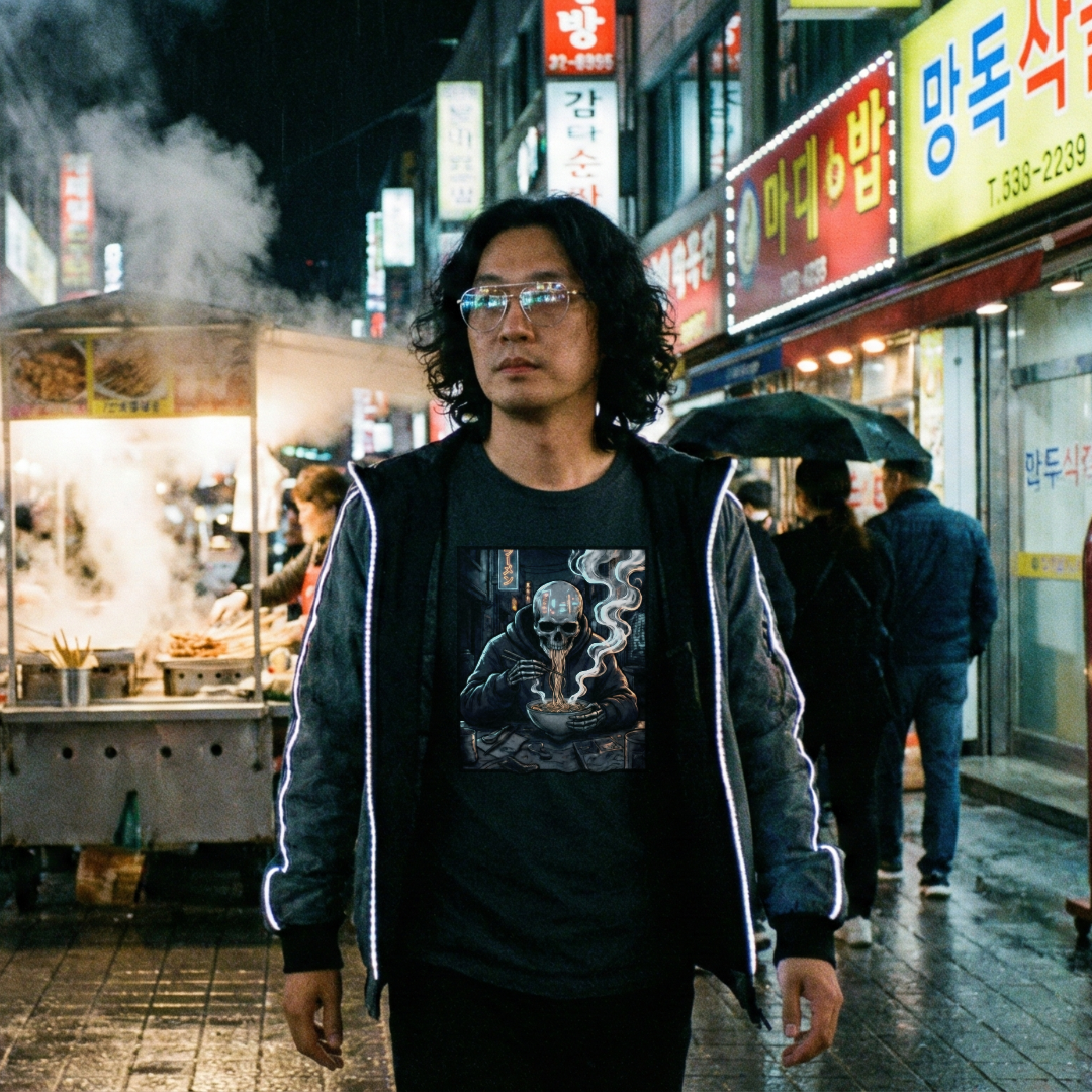 Cyberpunk skeleton eating ramen noodles graphic tee on organic cotton.