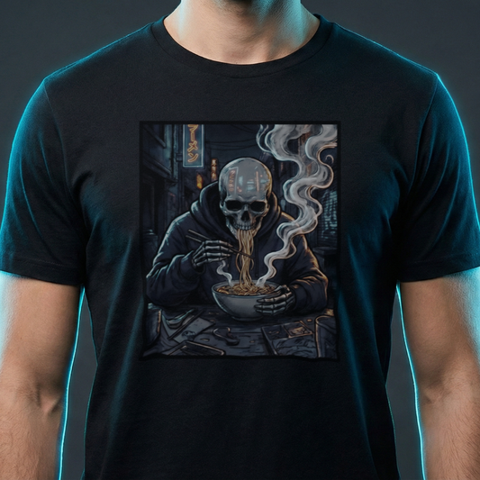 Cyberpunk skeleton eating ramen noodles graphic tee on organic cotton.
