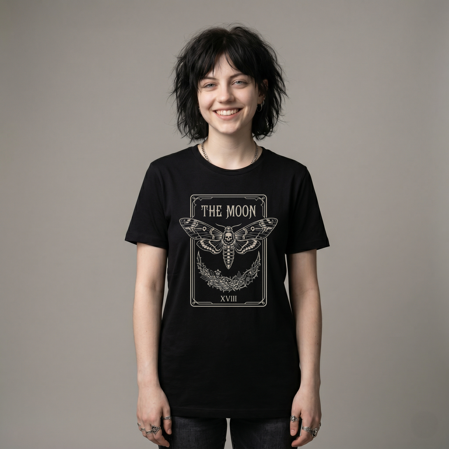 Tarot card "The Moon" featuring a death's-head hawkmoth and thorny crescent moon on an organic cotton t-shirt.