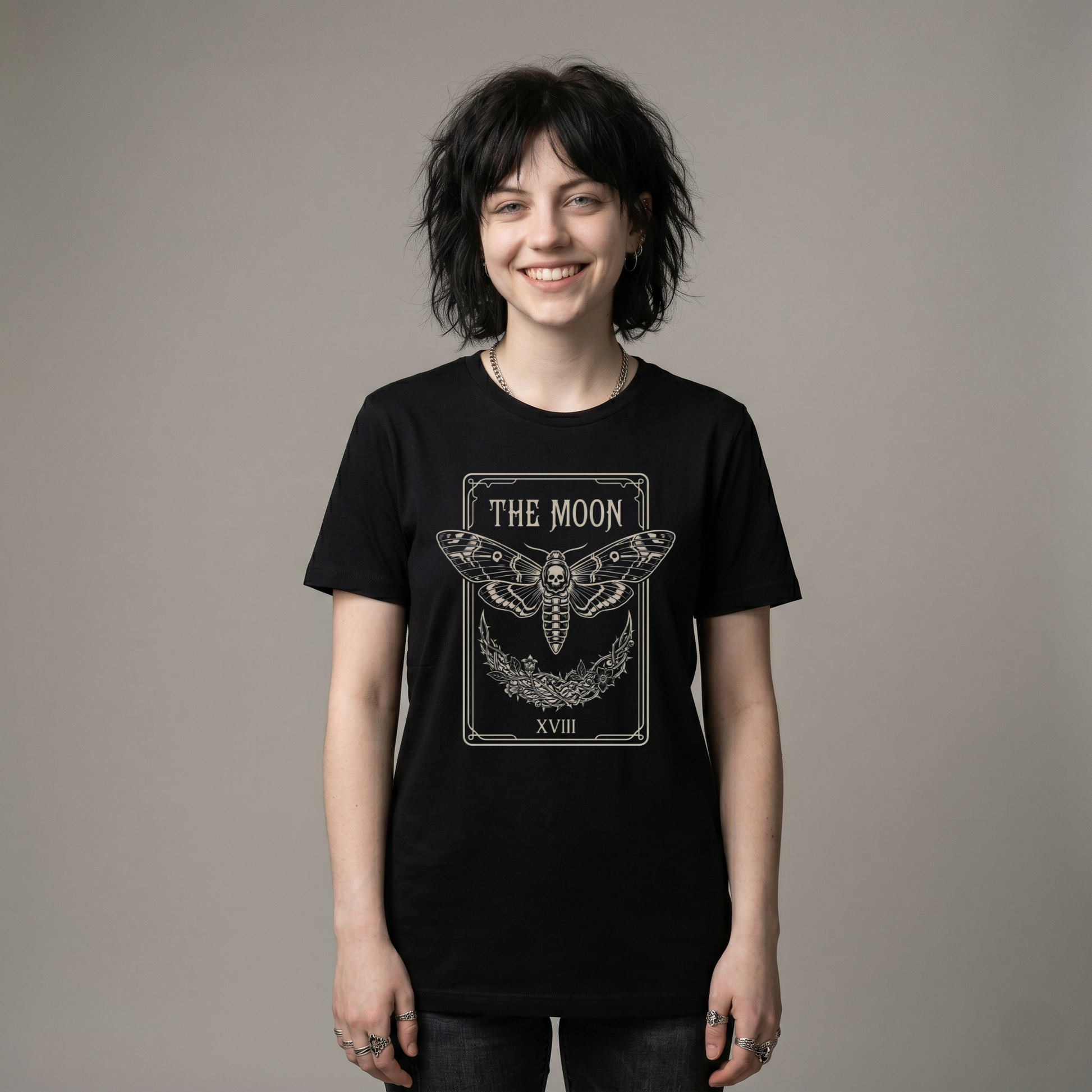 Tarot card "The Moon" featuring a death's-head hawkmoth and thorny crescent moon on an organic cotton t-shirt.