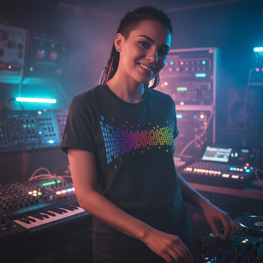 Smiling young woman working a music mixer desk, wearing a black t-shirt with a colourful music equalizer image 