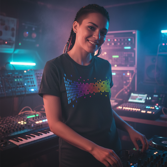 Smiling young woman working a music mixer desk, wearing a black t-shirt with a colourful music equalizer image 