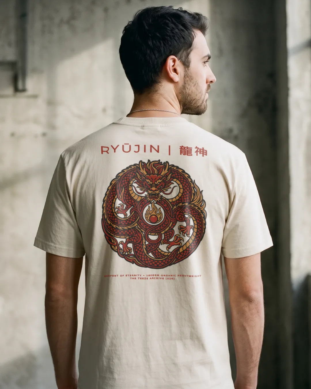 Ryūjin circular Japanese dragon back print illustration on a natural raw organic cotton streetwear t-shirt.