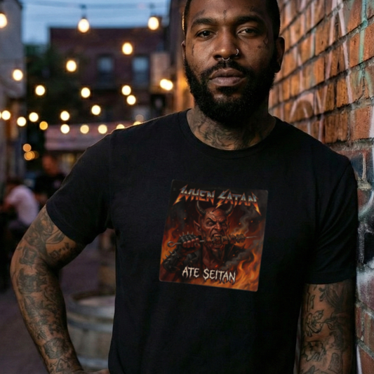 Tattooed Man wearing a black t-shirt with Satan eating the vegan food Seitan.
