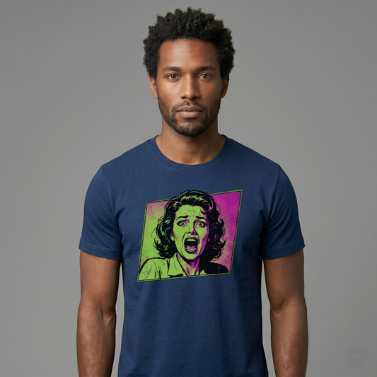 Close-up graphic of a screaming woman in a neon green and magenta pop-art comic panel on a black t-shirt.