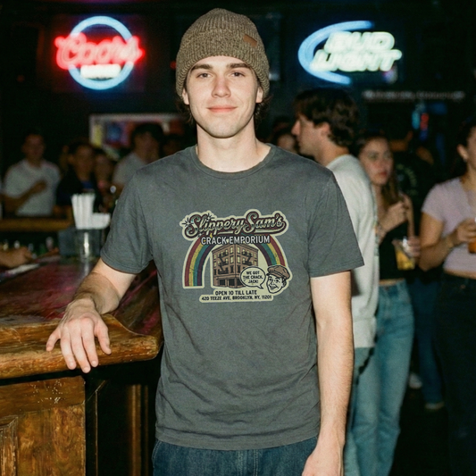 Anthracite t-shirt featuring a retro logo for Slippery Sam's Crack Emporium with a rainbow and apartment building.