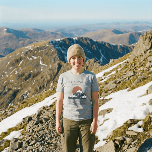 Mt Snowdon illustrated in Japanese woodblock Mt Fuji style on organic cotton t-shirt.