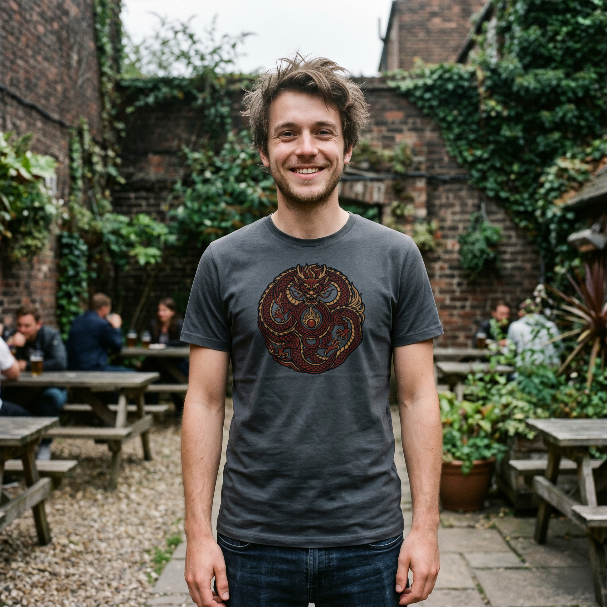 Intricate circular red and gold mythical dragon illustration on an organic cotton t-shirt.