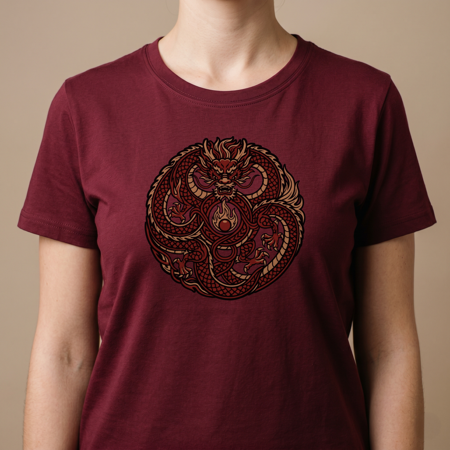 Intricate circular red and gold mythical dragon illustration on an organic cotton t-shirt.