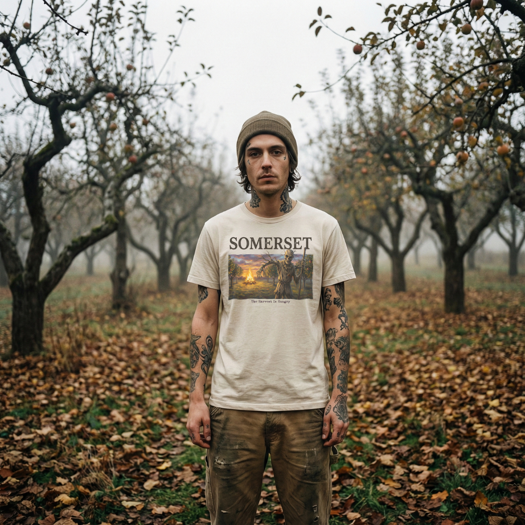 Model in an autumn orchard wearing a cream-colored 'Somerset Harvest' t-shirt. The graphic features a painterly folk-horror illustration of a skeletal scarecrow by a bonfire.