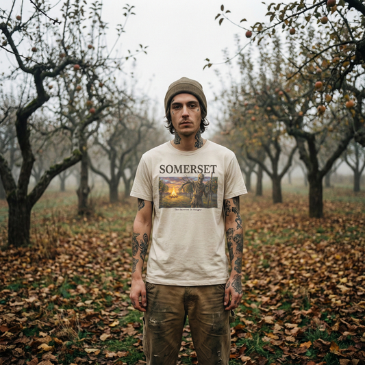 Model in an autumn orchard wearing a cream-colored 'Somerset Harvest' t-shirt. The graphic features a painterly folk-horror illustration of a skeletal scarecrow by a bonfire.