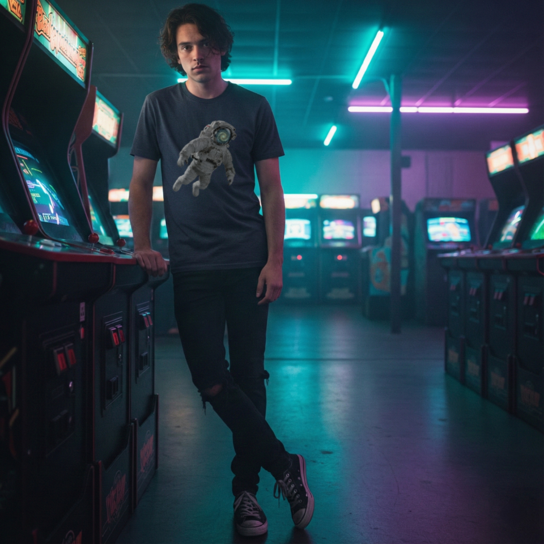 Model in a neon-lit futuristic setting wearing a black 'Walking the Void' t-shirt. The graphic features a detailed astronaut suit with a glowing spiral galaxy inside the helmet visor.