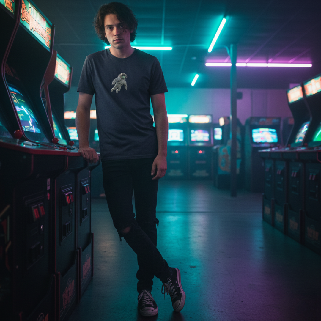 Young man leaning against an arcade machine, wearing a navy t-shirt with a spaceman staring at a galaxy